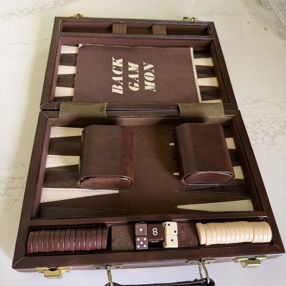 Vintage Backgammon Set Game Brown Case Faux Leather with Complete Set & Booklet